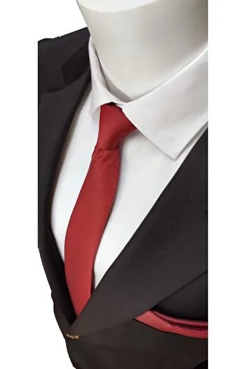 Le Voux Red Color Oxford Dobby Self Patterned Tie and Handkerchief