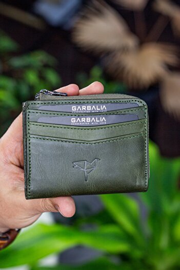 Garbalia Figo Genuine Leather Crazy Green Zippered Mini Card Holder Wallet