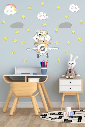 Tilki Dünyası Cute Animals on the Plane, Cute Clouds, Yellow Stars Deco Kids Room Wall Sticker