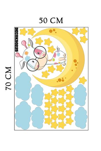 Tilki Dünyası Cute Giraffe on the Moon Blue Clouds And Yellow Stars Deco Kids Room Wall Sticker