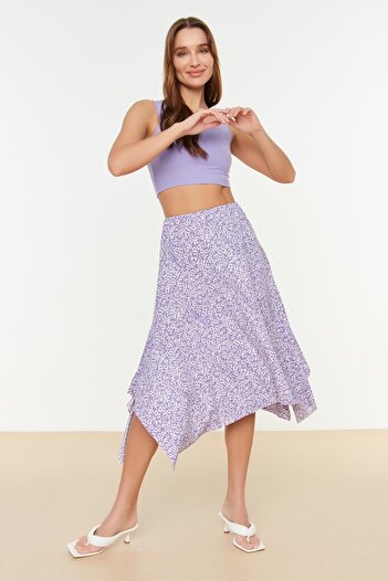 Trendyol Collection Lilac Floral Patterned Flounced Asymmetrical High Waist Midi Stretch Knitted Skirt TWOAW20ET0440