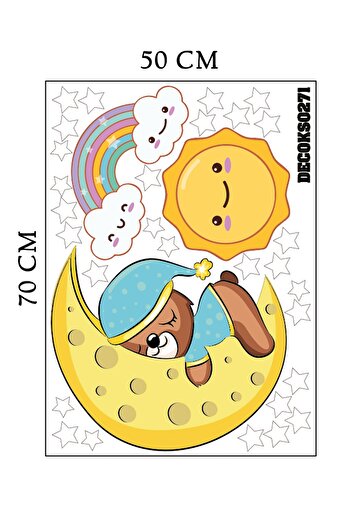Tilki Dünyası Care Bear on the Moon, Rainbow, Stars and Sun-blue Deco Kids Room Wall Sticker