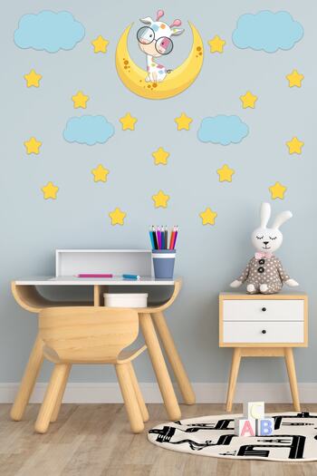 Tilki Dünyası Cute Giraffe on the Moon Blue Clouds And Yellow Stars Deco Kids Room Wall Sticker