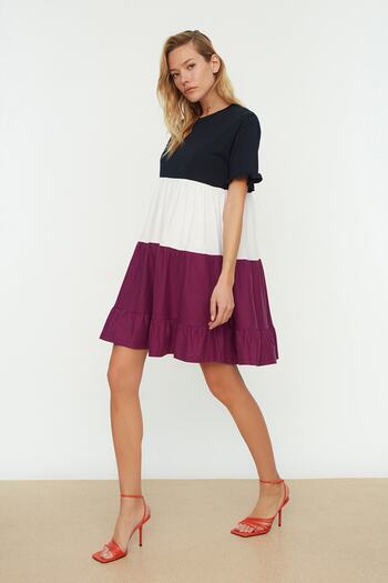 Trendyol Collection Sötétkék 100% pamut színű blokk Shift/sima mini kötött ruha TWOSS20EL1638