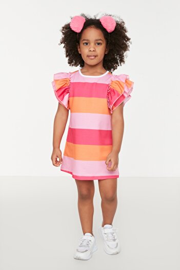 TRENDYOLKIDS Rochie tricotată pentru fetiță, blocată de culoare portocalie, cu volane pe mâneci