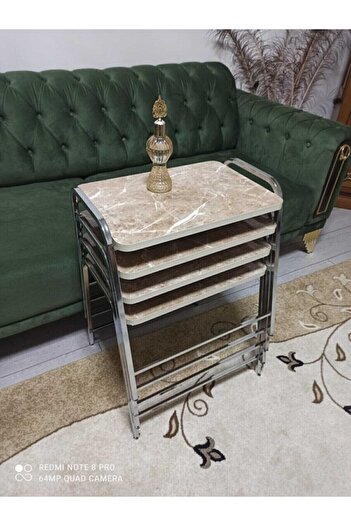 ASLANSTORE Kahve Mermer Desenli Parlak Nikelaj Kaplamalı 4'lü Zigon Sehpa ( A Zigon ) A1