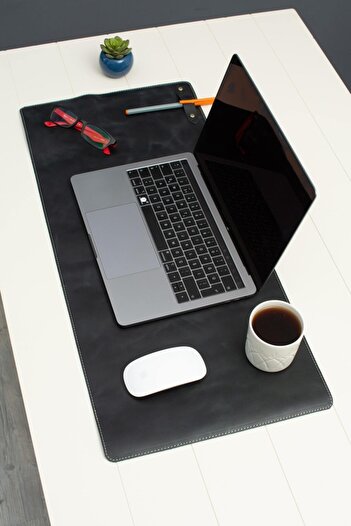 DK LEATHER Hakiki Deri Siyah Masa Matı- Gerçek Deri Laptop Altlığı - Sümen Takımı - Geniş Mousepad- Iş Hediyesi