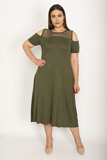 Şans Women's Large Size Khaki Roba Mesh Detailed Viscose Dress 65n24231