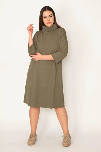 Şans Women's Large Size Khaki Stand Collar Capri Sleeve Dress 65n31484