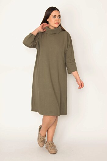 Şans Women's Large Size Khaki Stand Collar Capri Sleeve Dress 65n31484