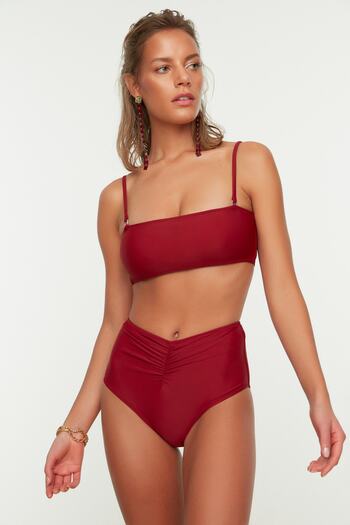 Trendyol Collection Burgundy Gather Detailed High Waist Bikini Bottom TBESS21BA0186