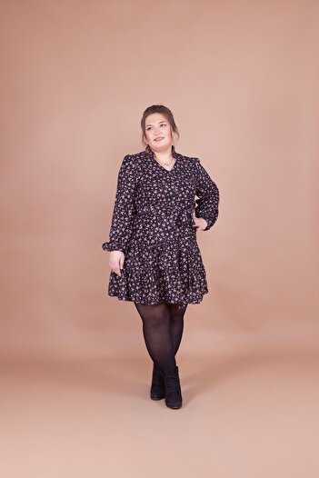 Bidoluelbise Women's Plus Size Black Velvet Flower Patterned Collar Detail Dress