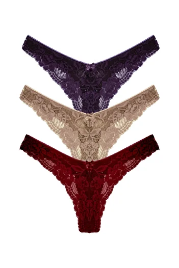 HNX 3-Piece Lace High Waist Brazilian Cut Thong Women's Panties