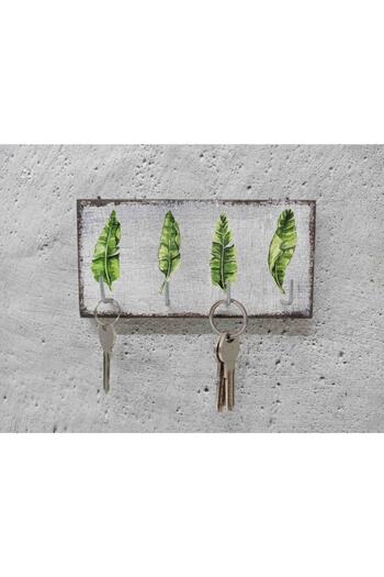 CajuArt Decorative Wooden Keychain with Four Green Leaves Patterns