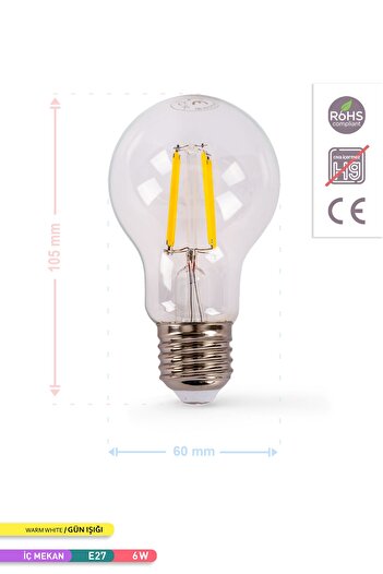 ACK A60 Flamanlı Led Ampul 3000k Gün Işığı 600lm 220-240v 6w E27