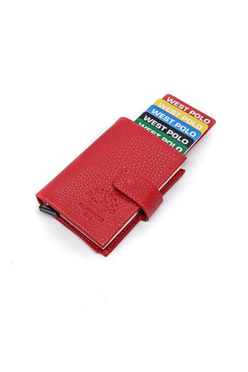 Westpolo Mechanized Genuine Leather Red Unisex Wallet Card Holder