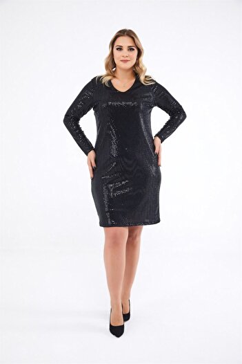Seamoda Women's Black V-Neck Long Sleeve Sequin Printed Lined Dress