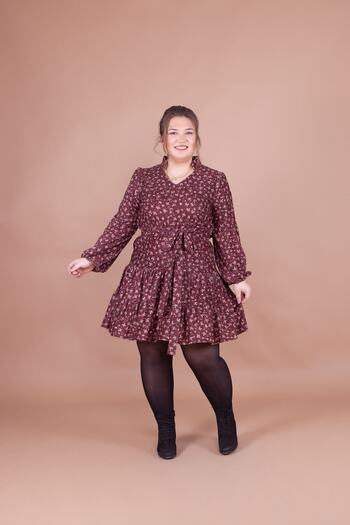 Bidoluelbise Women's Plus Size Burgundy Velvet Flower Patterned Collar Detail Dress