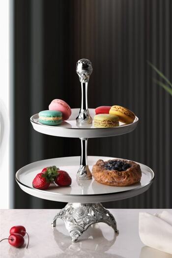 WuuQ Porcelain Two-Tier Presentation Cookie Holder - Silver Color