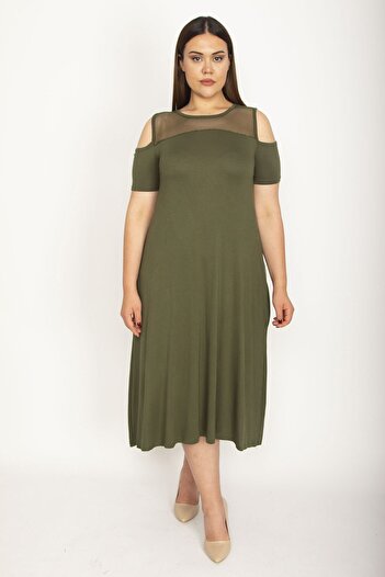Şans Women's Large Size Khaki Roba Mesh Detailed Viscose Dress 65n24231