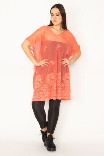 Şans Women's Large Size Pomegranate Unlined Lace Tulle Tunic 65n18430