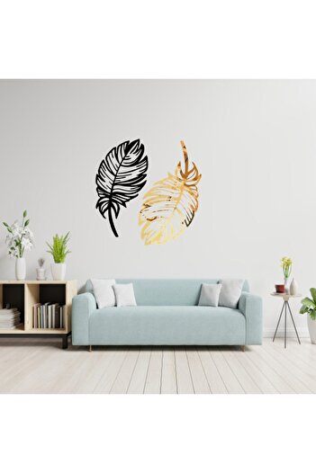 GİZEM SHOP Dekoratif Kuş Tüyü Ikili Set Lazer Kesim Gold-siyah