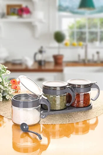 Buffer ® Gray 3-Piece Glass Airtight Spice Rack Set with Lid and Spoon Kc-386
