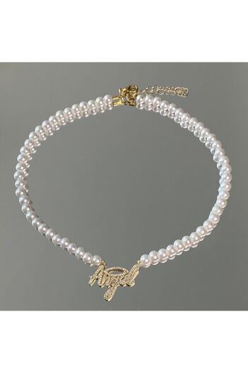 Enyuya Özel Tasarım Taşlı Slogan Angel Tatlı Su Kültür Inci Choker Sevgililere Özel Hediyelik Kolye