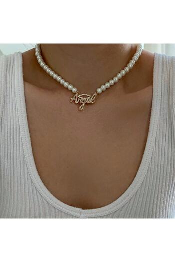 Enyuya Özel Tasarım Taşlı Slogan Angel Tatlı Su Kültür Inci Choker Sevgililere Özel Hediyelik Kolye