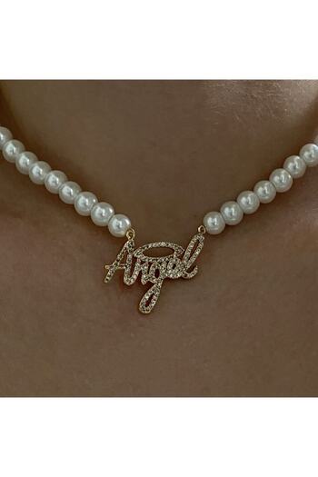 Enyuya Özel Tasarım Taşlı Slogan Angel Tatlı Su Kültür Inci Choker Sevgililere Özel Hediyelik Kolye