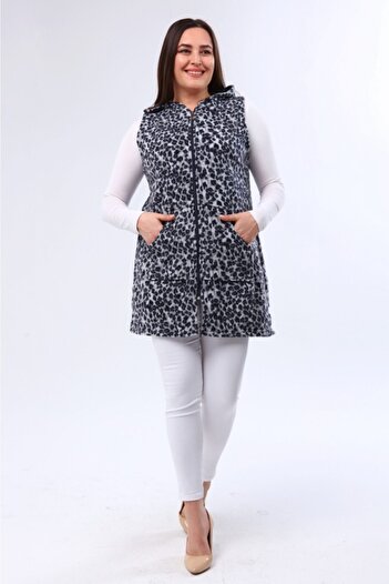 Nehir tekstil Women's Gray Hooded Zippered Long Fleece Vest