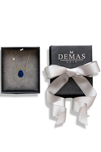 Demas Gold Pirlanta 14 Ayar Altin Dorikalı Safir Renkli Damla Taşlı Kolye