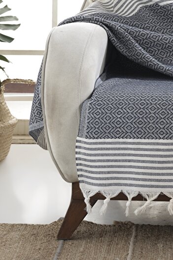 Lux Touch Bergama Indigo Buldan Koltuk Örtüsü 170 X 210 Cm Koltuk Şalı Kanepe Çekyat Örtüsü Pamuklu Throw