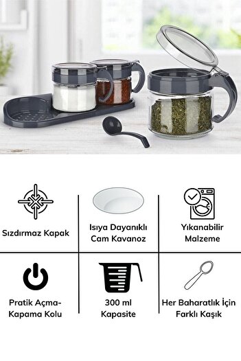 Buffer ® Gray 3-Piece Glass Airtight Spice Rack Set with Lid and Spoon Kc-386