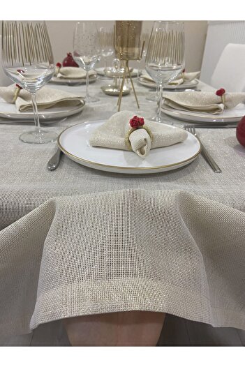 Zeren Home Keten Görünümlü Simli Linen Masa Örtüsü Gold 13 Parça