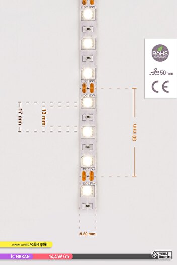 ACK 5 Metre Şerit Led Üç Çip 60 Ledli Gün Işığı 3000k 14.4 Watt Led Işık