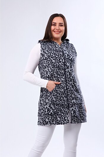 Nehir tekstil Women's Gray Hooded Zippered Long Fleece Vest