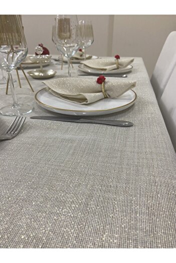 Zeren Home Keten Görünümlü Simli Linen Masa Örtüsü Gold 13 Parça