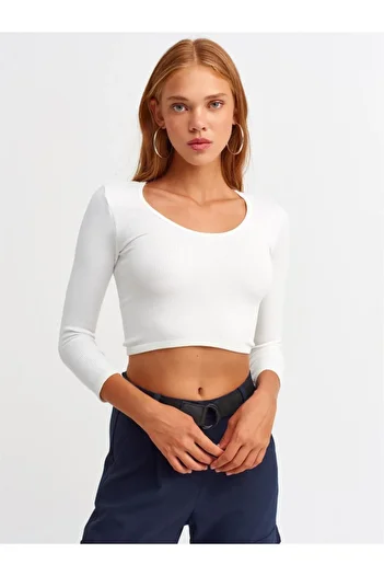 Dilvin Garage Butik 3529 Pool Neck Long Sleeve Crop Top-white