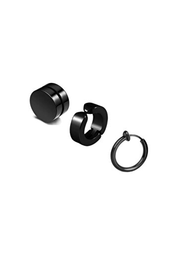 Yeşim Aksesuar Unisex Black 3 Pieces Non-Hole Squeezed Magnet Steel Earrings