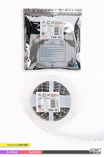 ACK 5 Metre Şerit Led Üç Çip 60 Ledli Gün Işığı 3000k 14.4 Watt Led Işık