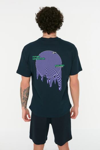 Trendyol Collection Βαμβακερό μπλουζάκι Navy Blue Oversize με στάμπα στην πλάτη - TMNSS20TS0990