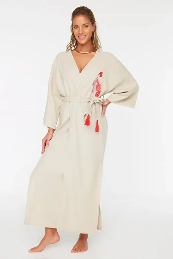 Trendyol Collection Coral Belted Maxi Woven Embroidered Linen Blended 100% Cotton Kimono&Kaftan TBESS20KM0051