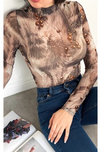 Bipantolon Women's Beaded Chain Patterned Long Sleeve Tulle Blouse