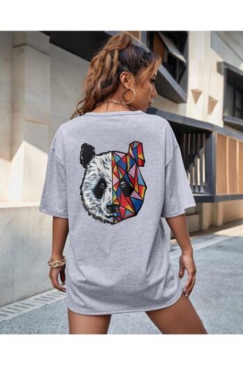 AFROGİYİM Oversize Women's Gray Panda Back Printed T-Shirt