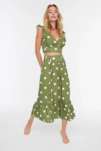 Trendyol Collection Khaki Polka Dot Woven Flounce Blouse Skirt Beach Suit Tbess19Bb0102