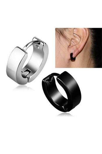 Jaida Moda Unisex Black And Silver Surgical Steel Hoop Earrings