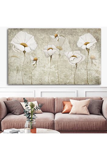 Sebenta Extra Dev Boyut Dekoratif Tasarım Beyaz Çiçek Kanvas Tablo (100cm X 150cm)