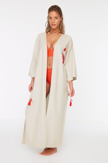 Trendyol Collection Coral Belted Maxi Woven Embroidered Linen Blended 100% Cotton Kimono&Kaftan TBESS20KM0051