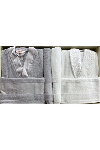 Özdilek Gray White Cotton Elissa Family Bathrobe Set